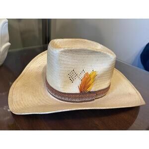 Vintage Stetson Roadrunner Cowboy Hat Size 7 Natural Straw Feathers Western